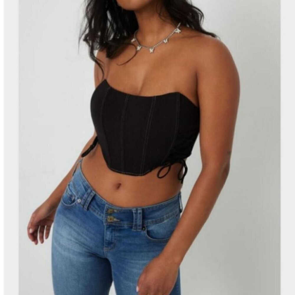 KENDALL + KYLIE Women's Corset Crop Top Strapless Side Ties Back Zip Black XS
